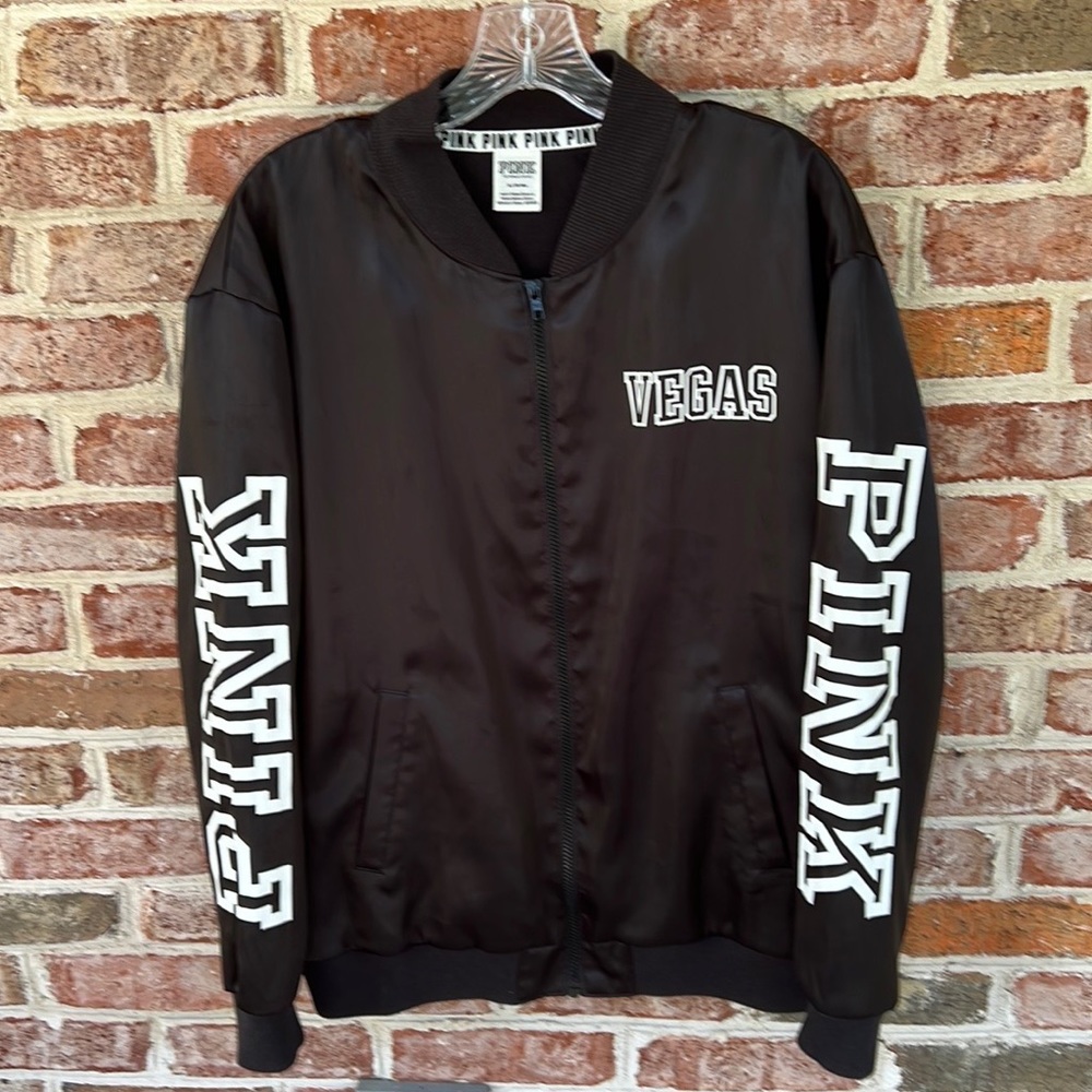 RARE NEW Victorias Secret PINK satin Las Vegas bomber jacket in black